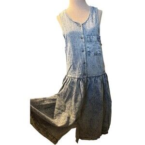 Vintage 90s Denim Faded Stone Washed Bleached Out Jean Pinafore Dress Size Large